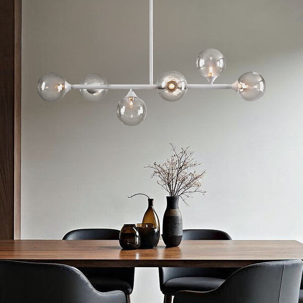 Lampa wisząca Aster z białą ramą i przezroczystymi szklanymi kulami