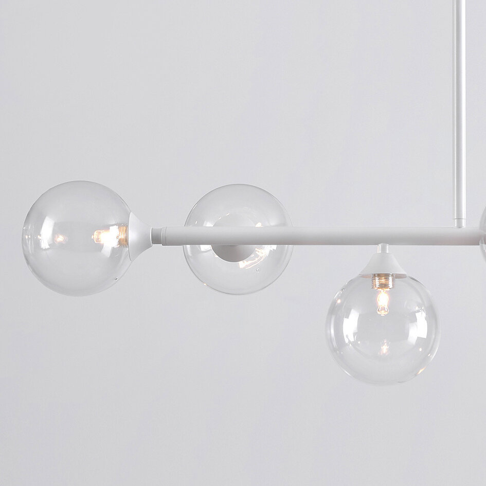 Lampa wisząca Aster z białą ramą i przezroczystymi szklanymi kulami