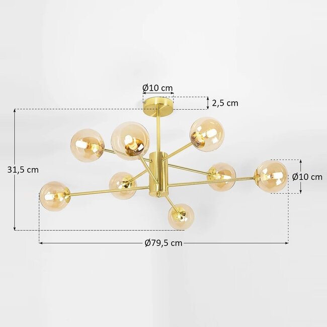 Design piaskowo-złota lampa sufitowa ze szkłem bursztynowym - 8-światło Idaho