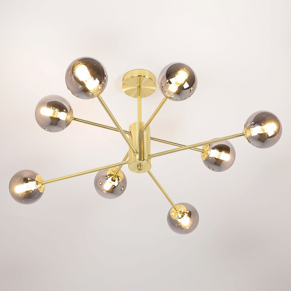 Design piaskowo-złota lampa sufitowa ze szkłem przydymionym - 8-światło Idaho