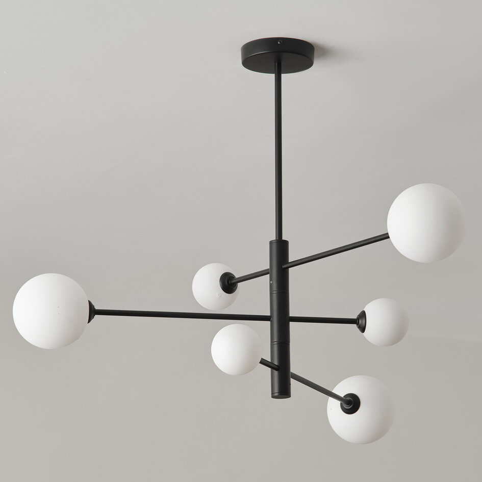 Designowa lampa sufitowa w kolorze czarnym z mlecznobiałym szkłem, 6-punktowa - Sest