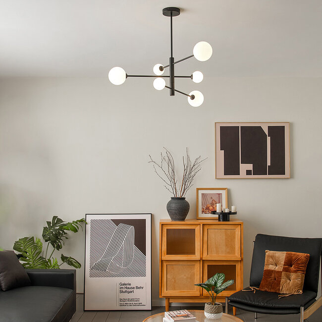 Designowa lampa sufitowa w kolorze czarnym z mlecznobiałym szkłem, 6-punktowa - Sest