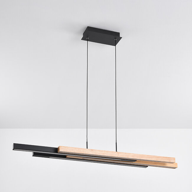 Designowa lampa wisząca w kolorze czarnym z jasnym drewnem, 3-stopniowy ściemniacz – Liana