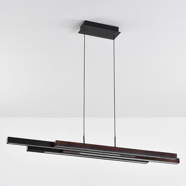 Design lampa wisząca czarna z ciemnym drewnem z 3-stopniowym ściemnianiem - Liana