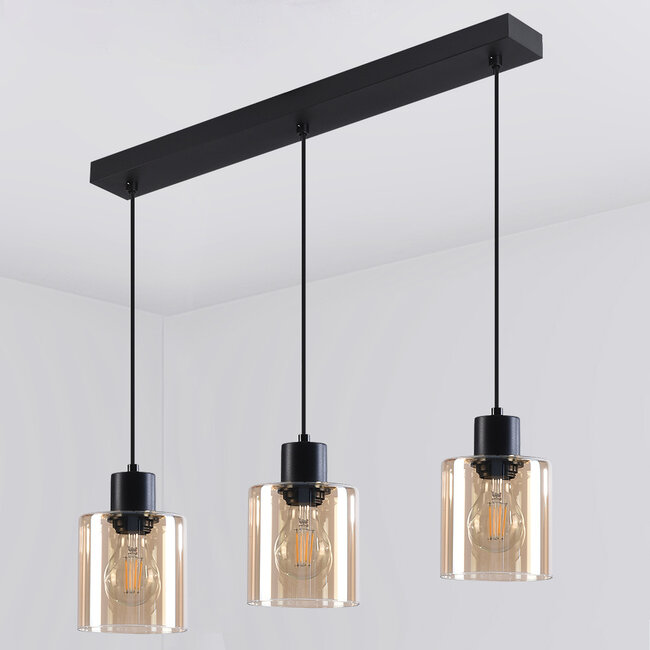 Czarna lampa wisząca Palaio ze szkłem bursztynowym, 3 światła