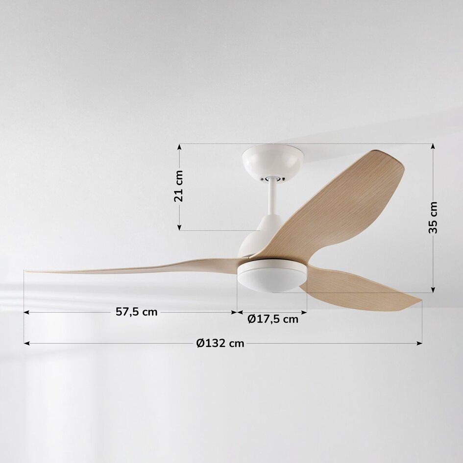 Wentylator sufitowy Oiseau ze ściemnialnymi diodami LED i jasnymi drewnianymi łopatami - imitacja drewna