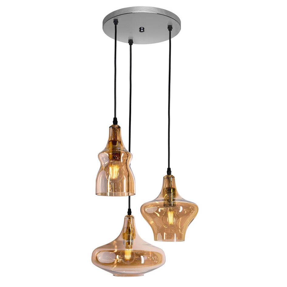 2. szansa: Lampa wisząca industrialna ze szkłem bursztynowym 3 światła - Trinidad