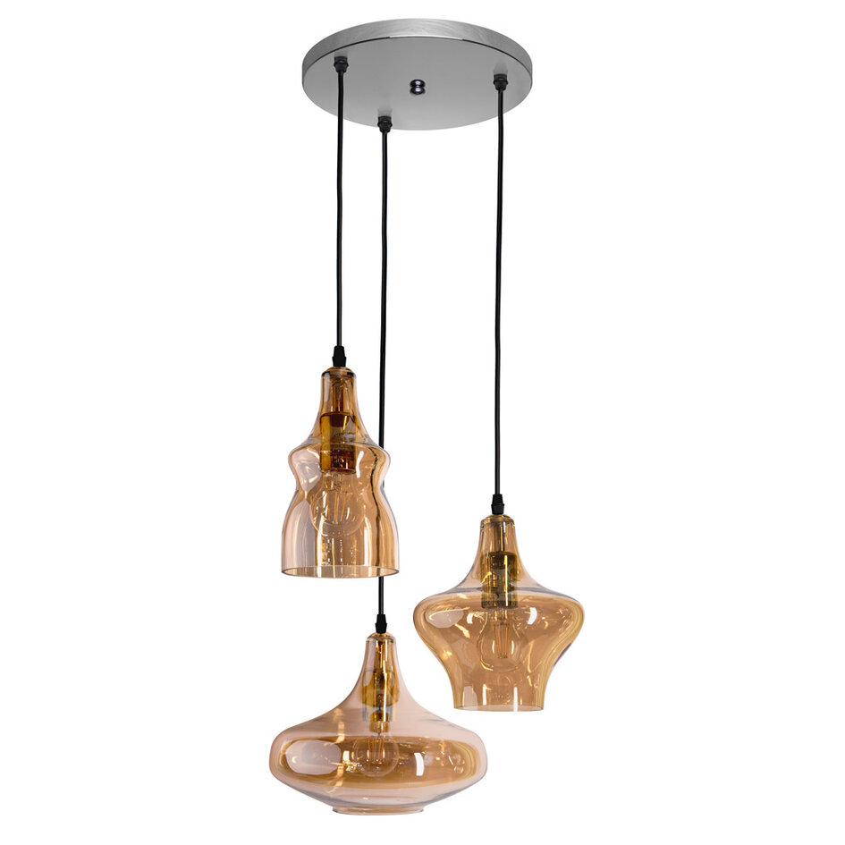 2. szansa: Lampa wisząca industrialna ze szkłem bursztynowym 3 światła - Trinidad