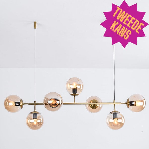 Produkt z drugiej szansy: Designerska lampa wisząca Hepta z bursztynowymi szklanymi kulami
