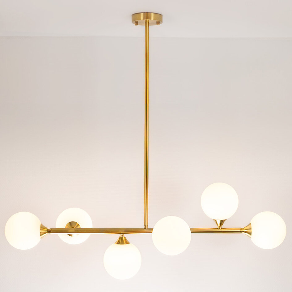 Druga szansa: Designerska lampa sufitowa złota z mlecznobiałym szkłem, 6-światło - Aster