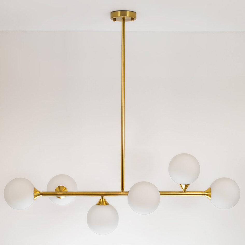 Druga szansa: Designerska lampa sufitowa złota z mlecznobiałym szkłem, 6-światło - Aster