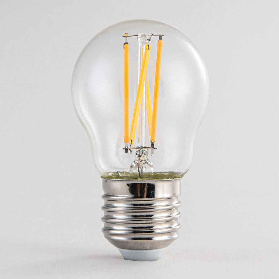 Żarówka żarnikowa 2,5 W i 4,5 W, 2200–2700 K, przezroczyste szkło Ø45 mm, funkcja „Dim-to-warm”