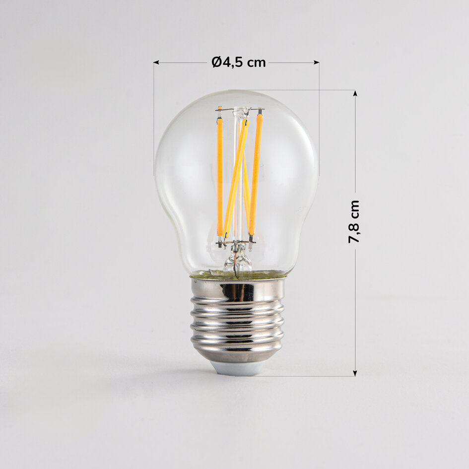 Żarówka żarnikowa 2,5 W i 4,5 W, 2200–2700 K, przezroczyste szkło Ø45 mm, funkcja „Dim-to-warm”
