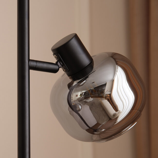 Czarna lampa podłogowa ze szkłem dymionym szarym i efektem lustra, 4 światła - Jesse