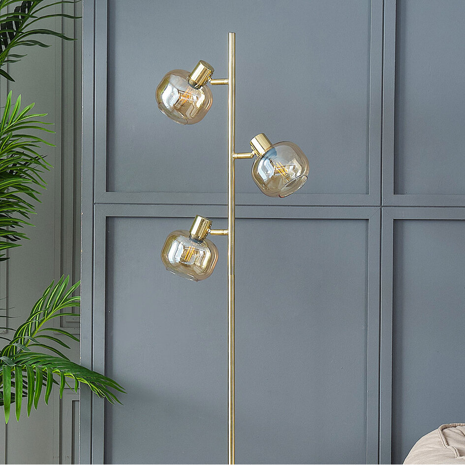 Lampa podłogowa złota ze szkłem bursztynowym, 3 światła - Jesse