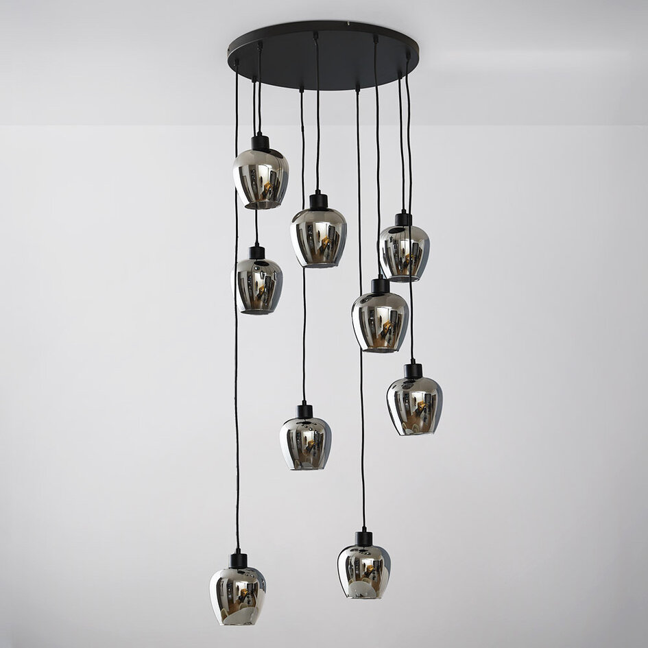 9-światło lampa wisząca czarna z przydymionym szarym szkłem - Alturas