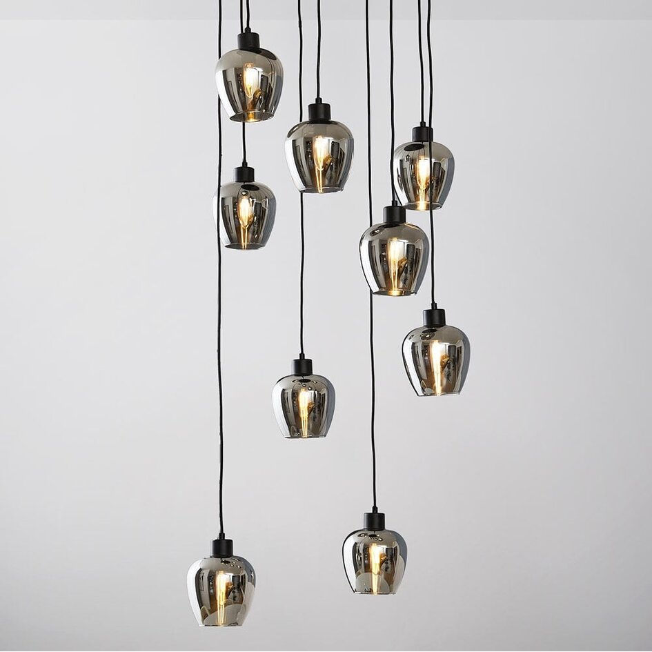 9-światło lampa wisząca czarna z przydymionym szarym szkłem - Alturas
