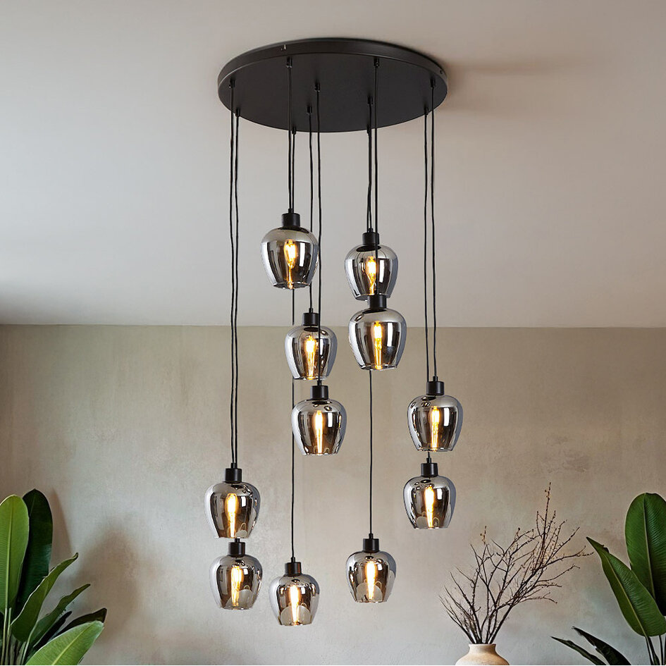 Lampa wisząca 11 światła czarna ze szkłem dymionym szarym - Hanford