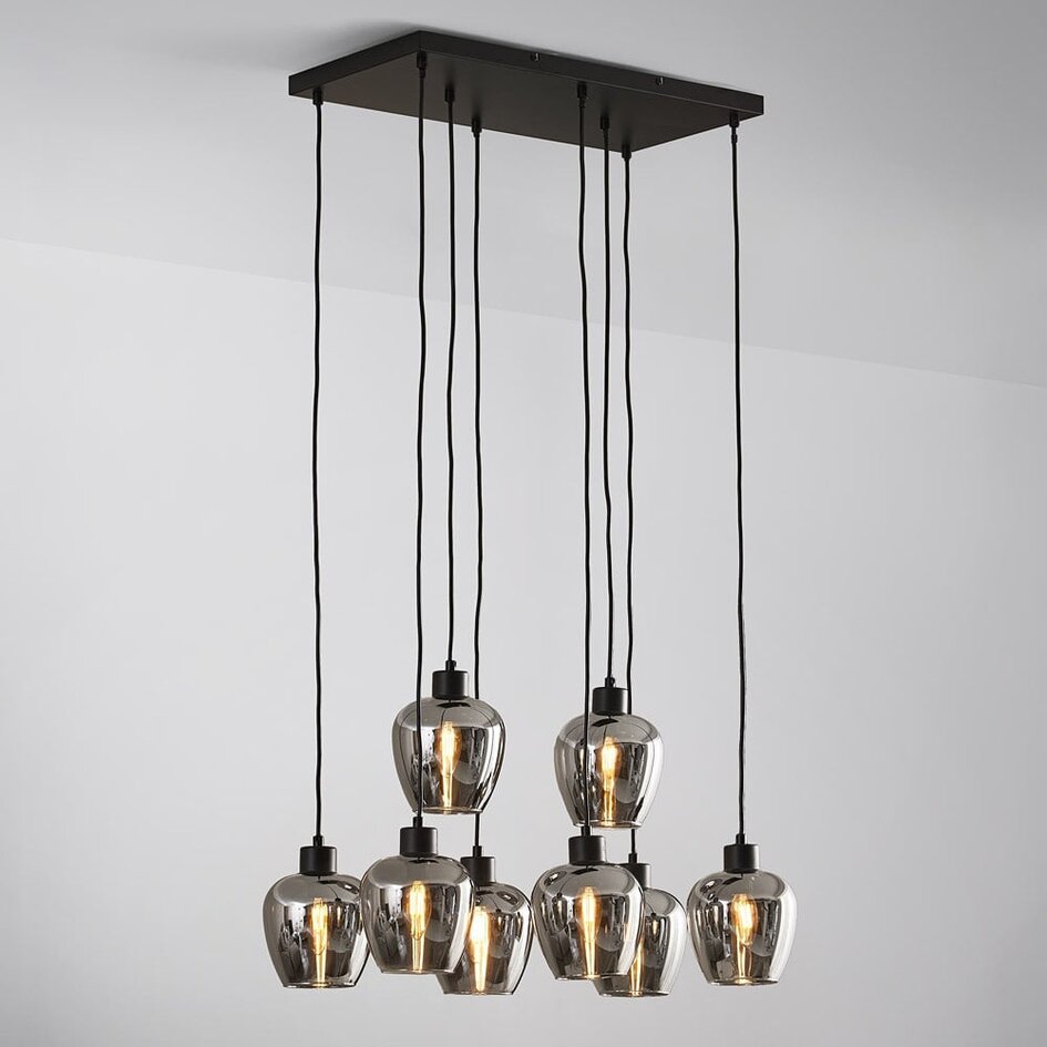 8-światło lampa wisząca czarna z przydymionym szarym szkłem - Sidney