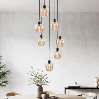 7 światła lampa wisząca czarna ze szkłem bursztynowym - Hollister