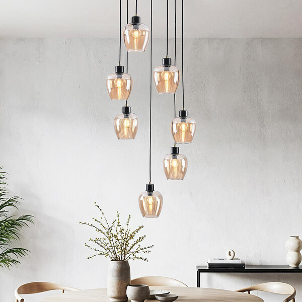 7 światła lampa wisząca czarna ze szkłem bursztynowym - Hollister