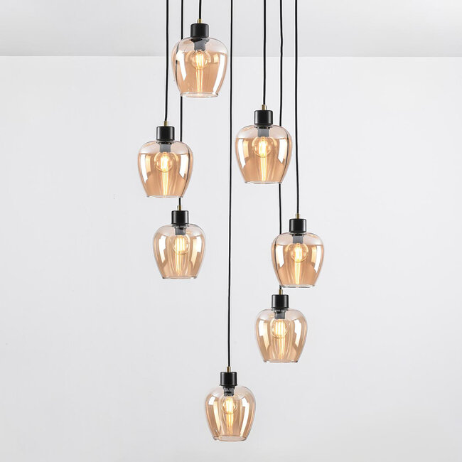 7 światła lampa wisząca czarna ze szkłem bursztynowym - Hollister