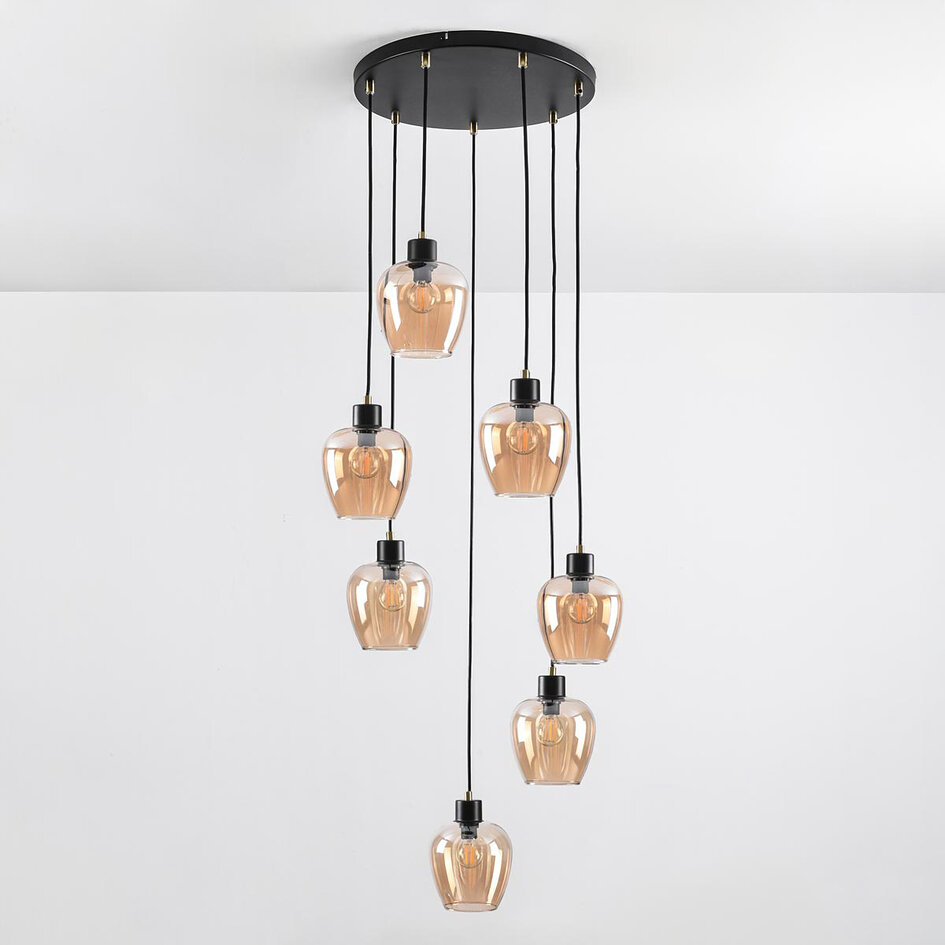 7 światła lampa wisząca czarna ze szkłem bursztynowym - Hollister