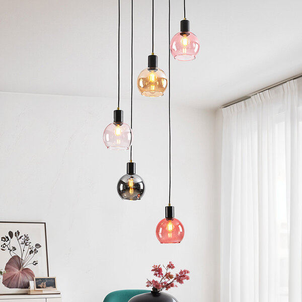 Lampa wisząca czarna z bursztynowym, dymionym i różowym szkłem, 5 światła - Monroe