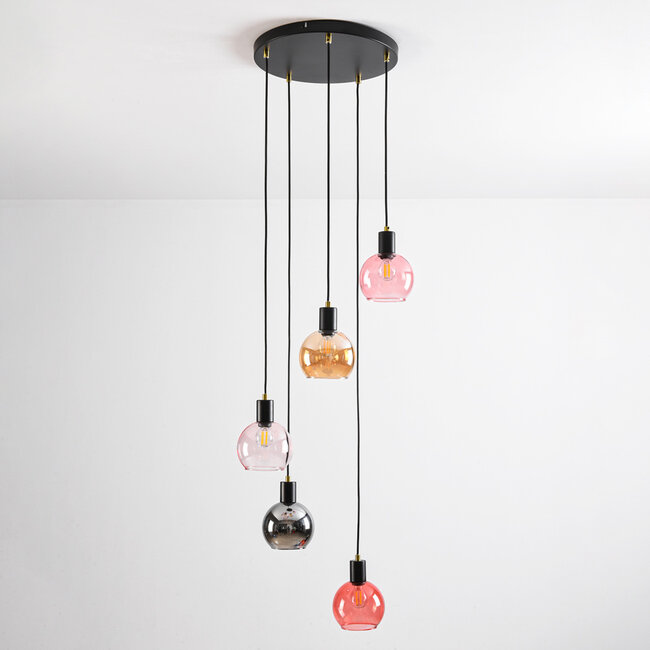 Lampa wisząca czarna z bursztynowym, dymionym i różowym szkłem, 5 światła - Monroe