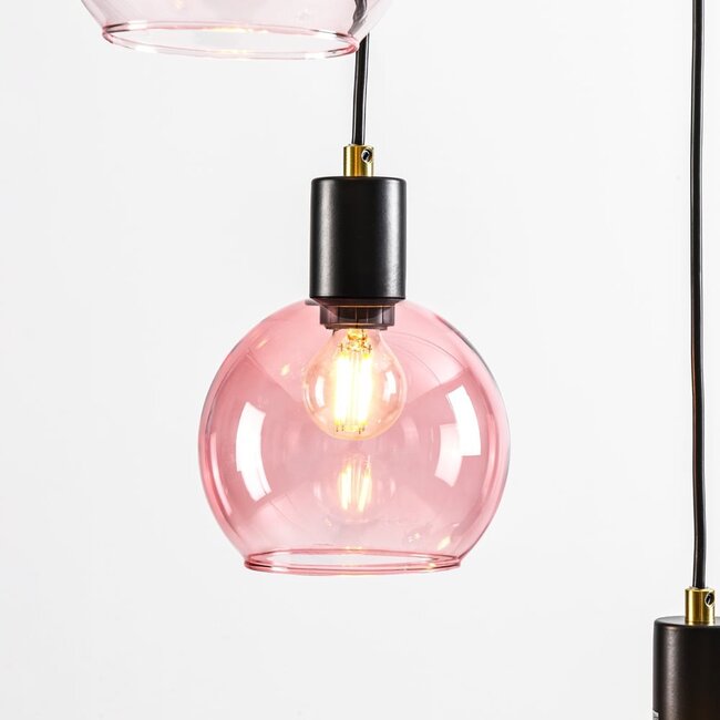 Lampa wisząca czarna ze szkłem bursztynowym, przydymionym i różowym, 6 światła - Monroe