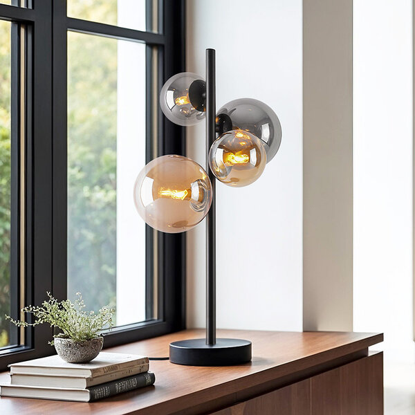 Designowa lampa stołowa Tessera w kolorze czarnym z szkłem bursztynowym i przydymionym, 4-punktowa