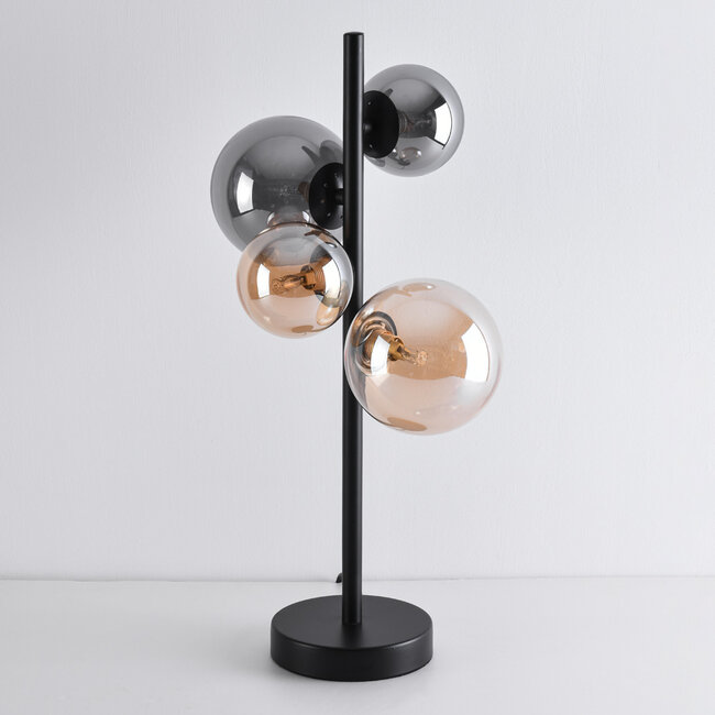 Designowa lampa stołowa Tessera w kolorze czarnym z szkłem bursztynowym i przydymionym, 4-punktowa