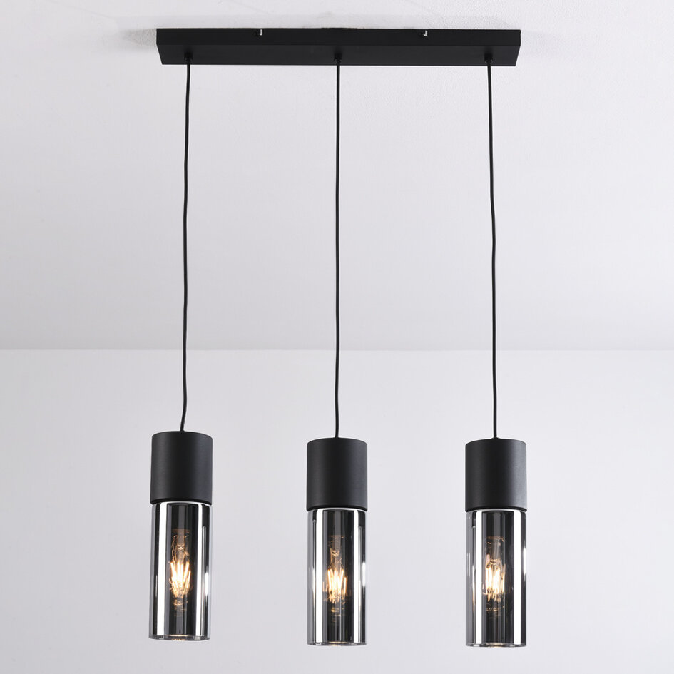 Czarna lampa wisząca z 3 światłami i szkłem dymionym - Esila