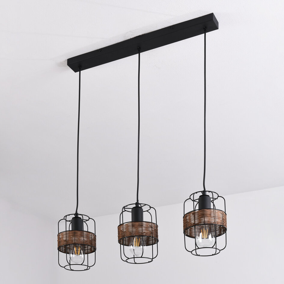 Industrialna czarna lampa wisząca z rattanu - Hira