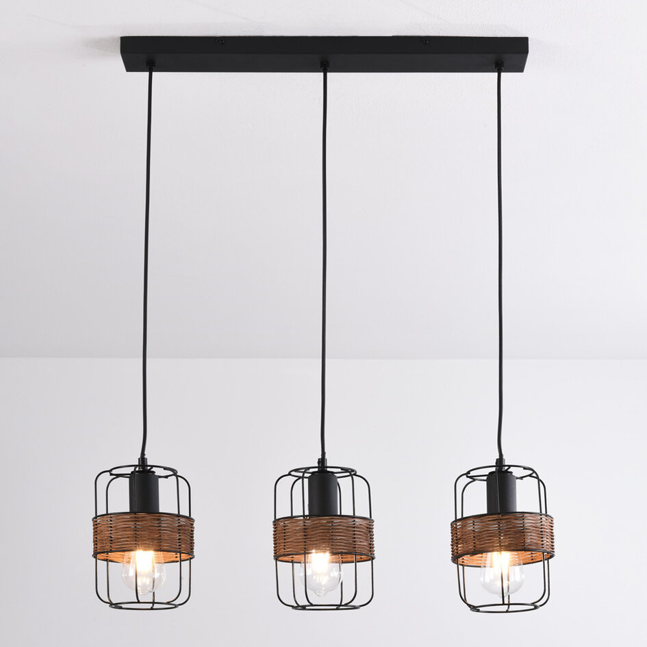 Industrialna czarna lampa wisząca z rattanu - Hira