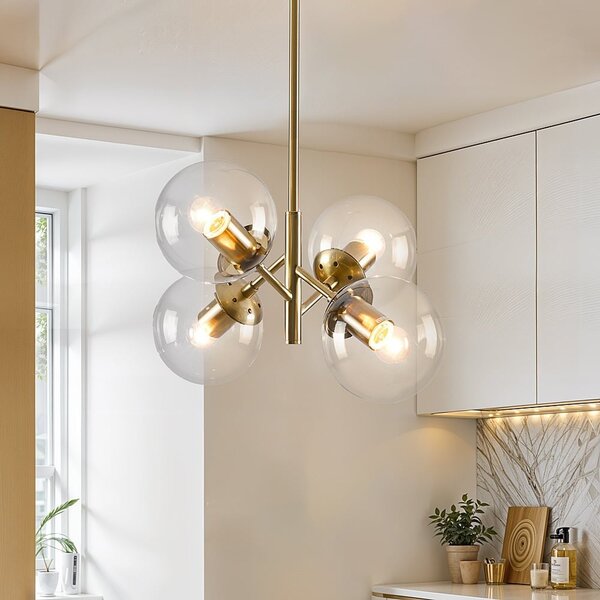 Retro lampa wisząca złota z przezroczystym szkłem, 4 światła - Florence