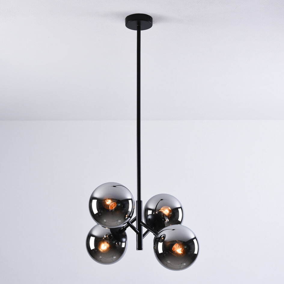 Retro lampa wisząca czarna ze szkłem dymionym i efektem lustra, 4-światła - Florence