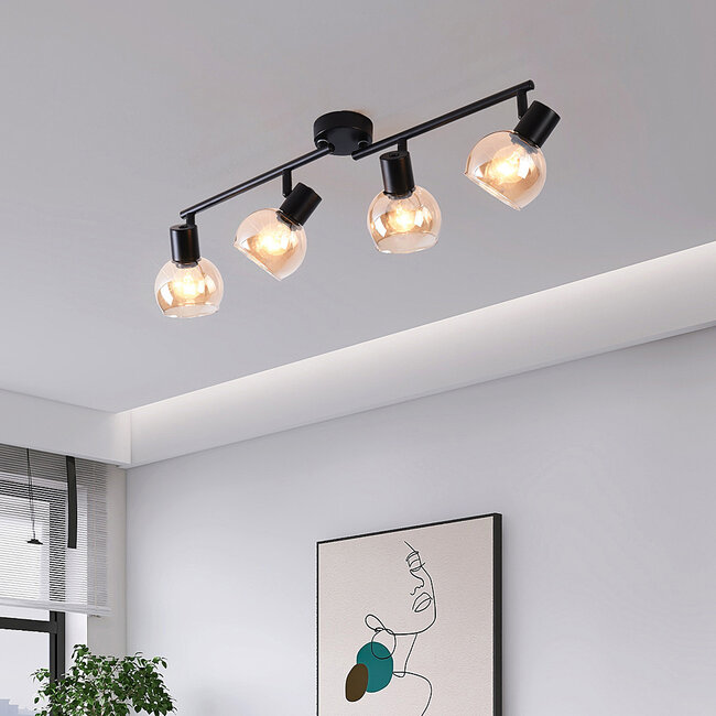 Czarna lampa sufitowa w szkle bursztynowym z 4 reflektorami - Pela