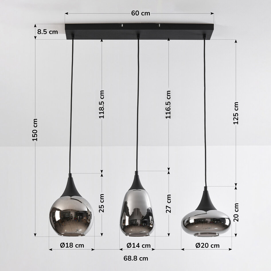 3 światła lampa wisząca z przydymionym szkłem - Lovi