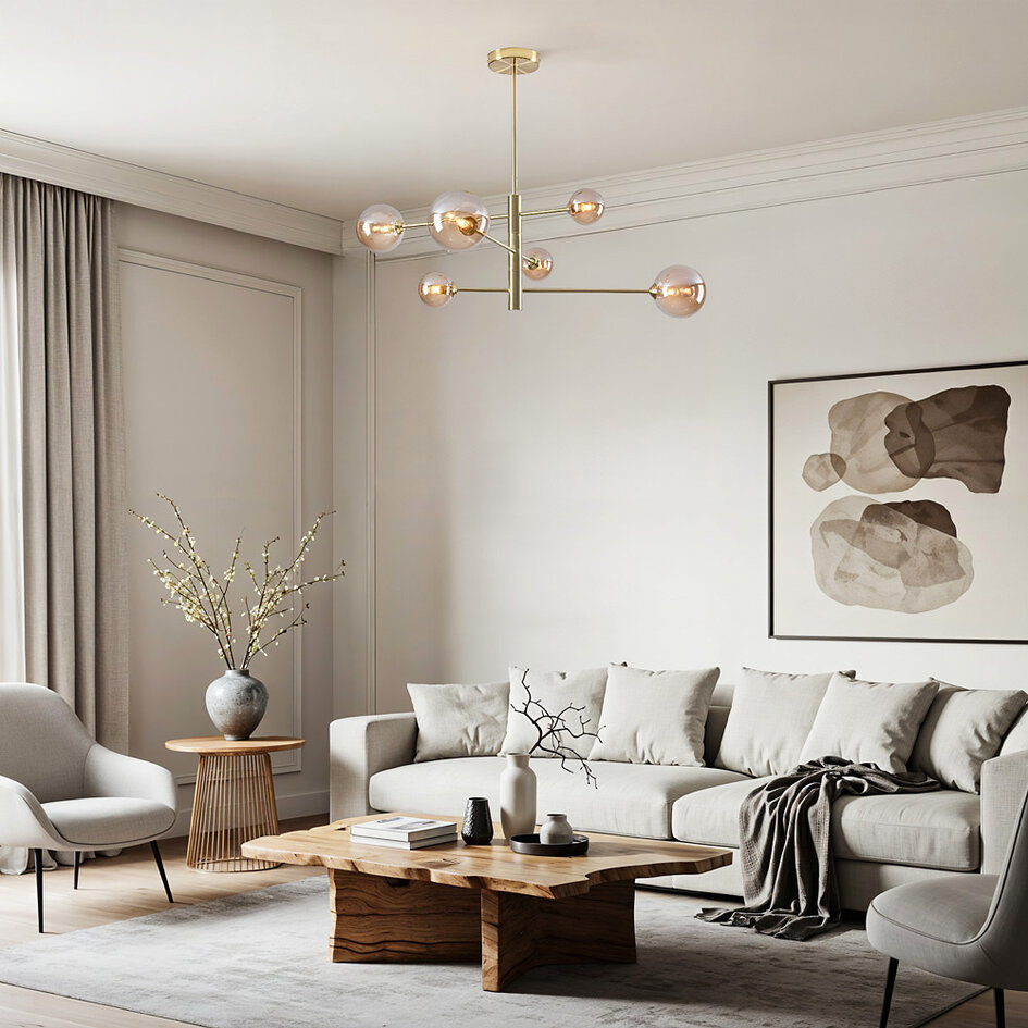 Design lampa sufitowa złota ze szkłem bursztynowym, 6 światła - Sest