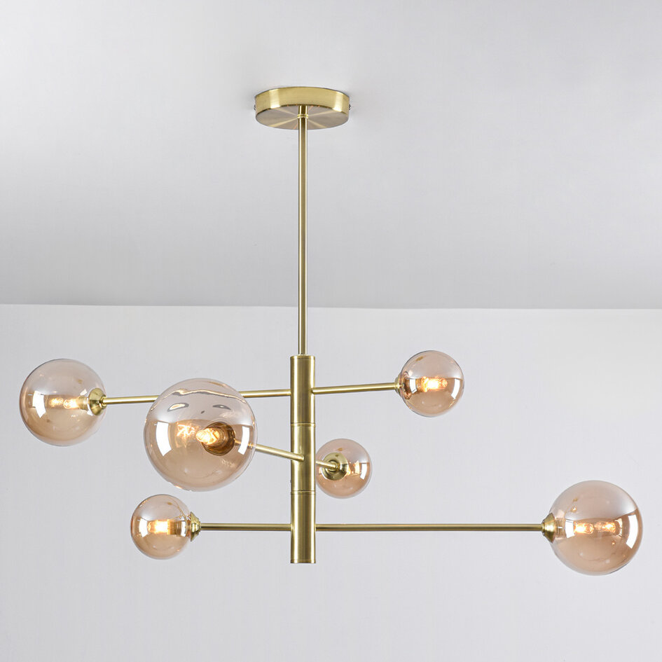 Design lampa sufitowa złota ze szkłem bursztynowym, 6 światła - Sest