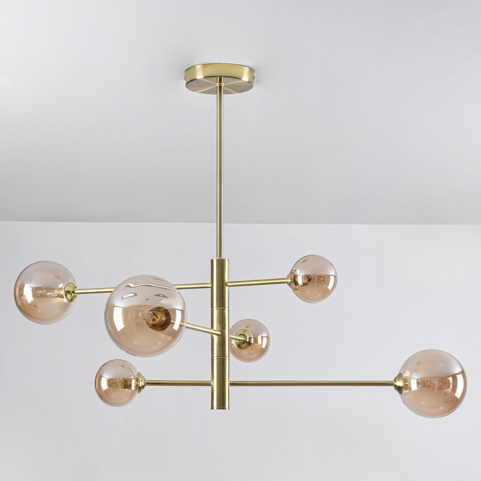Design lampa sufitowa złota ze szkłem bursztynowym, 6 światła - Sest