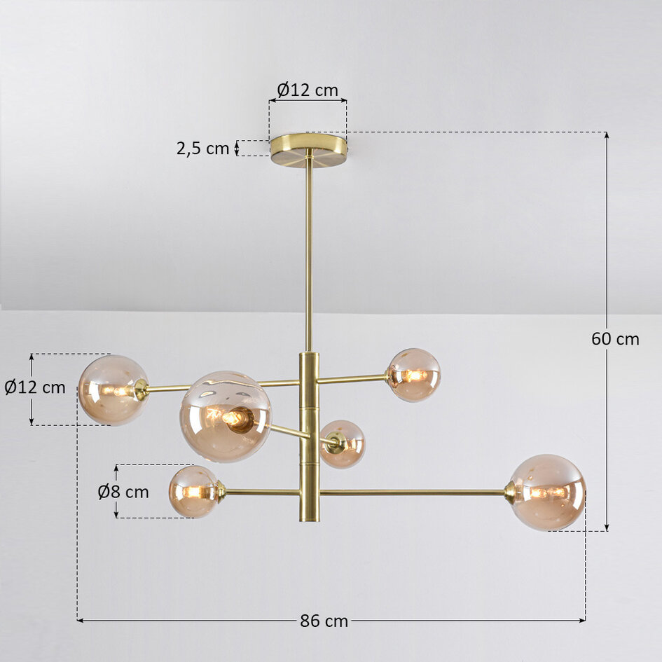 Design lampa sufitowa złota ze szkłem bursztynowym, 6 światła - Sest