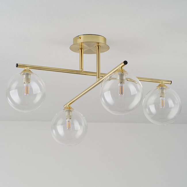 Elegancka lampa sufitowa, 4 światła, złota z przezroczystym szkłem - Nymo