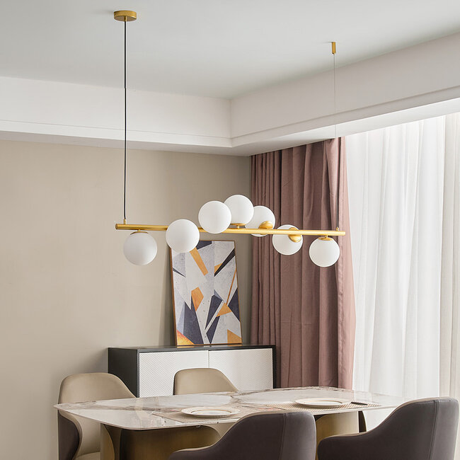 Designerska lampa wisząca Atto złota ze szkłem mlecznobiałym, 7-światło