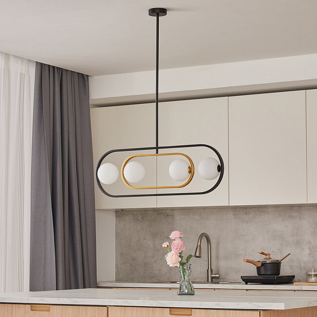 4 światła design lampa wisząca Gaio - czarne i złote z mlecznobiałym szkłem