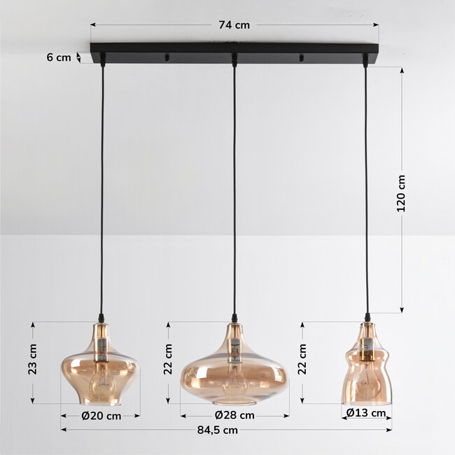3 światła industrialna lampa wisząca ze szkłem bursztynowym - Maracas