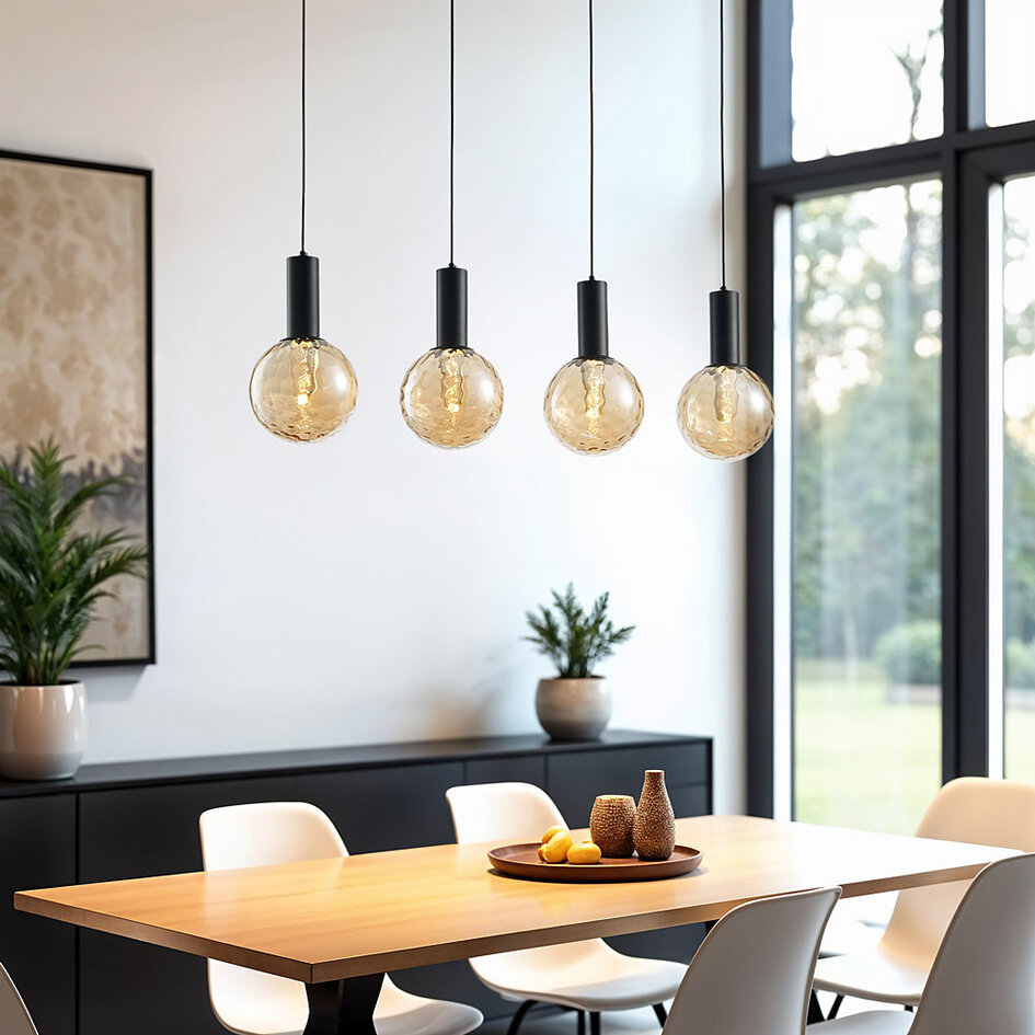 4 światła czarna lampa wisząca ze szkłem bursztynowym - Anglia