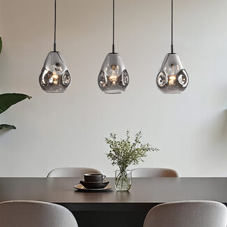 3 światła design lampa wisząca czarna ze szkłem dymionym - Faliste