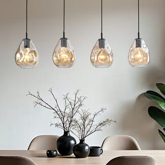 Nowoczesna szklana lampa wisząca czarna ze szkłem bursztynowym, 4 światła - Faliste